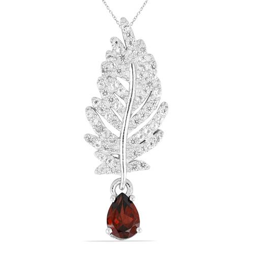 BUY 925 SILVER  NATURAL GARNET GEMSTONE LEAF PENDANT